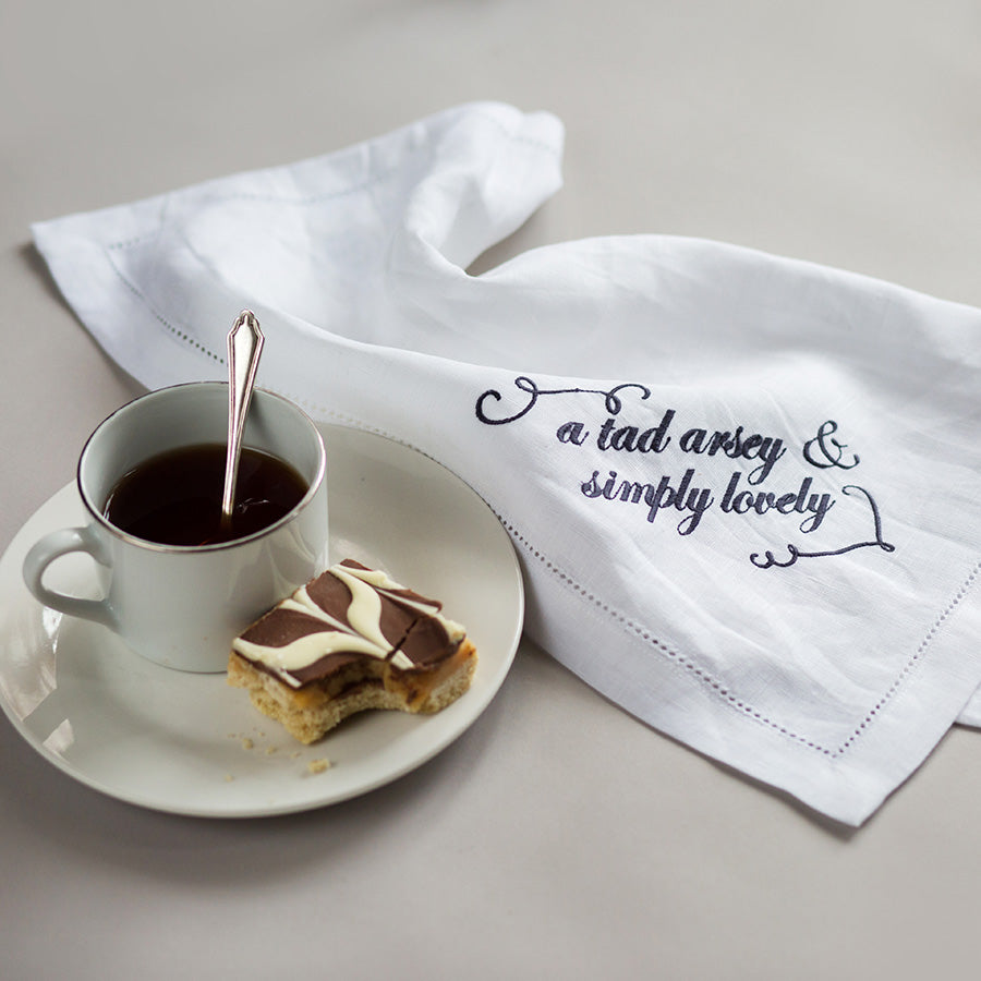 Set of Six French Linen Embroidered Slogan Napkins