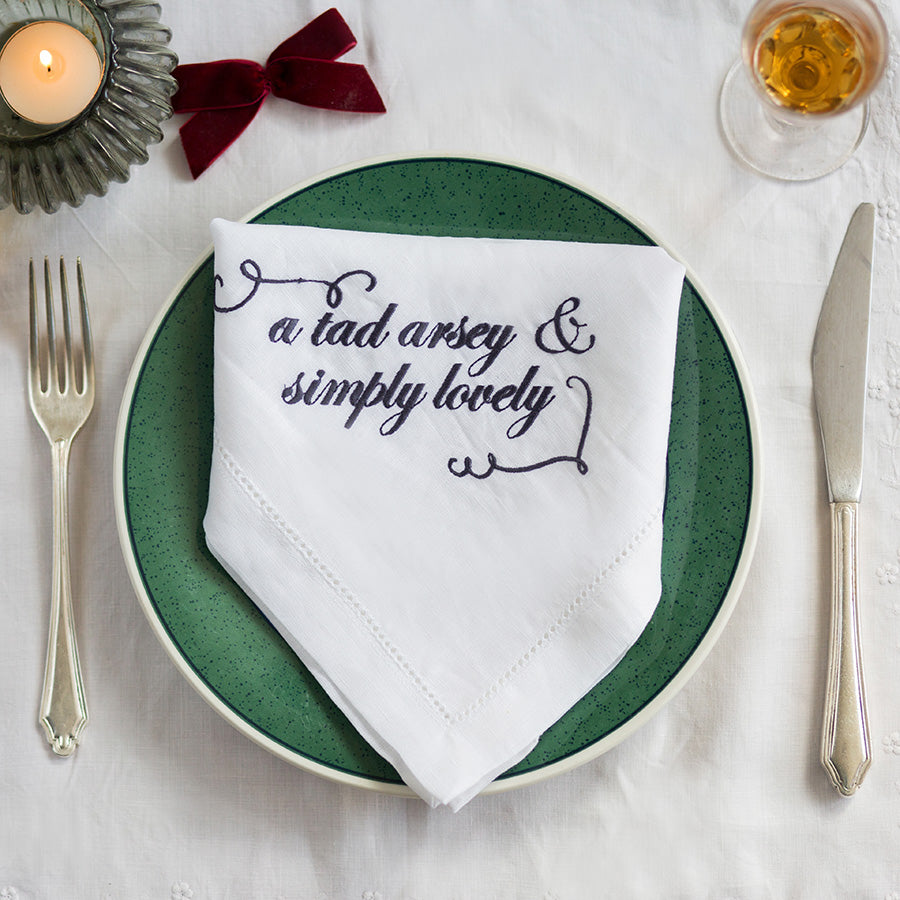 Set of Six French Linen Embroidered Slogan Napkins