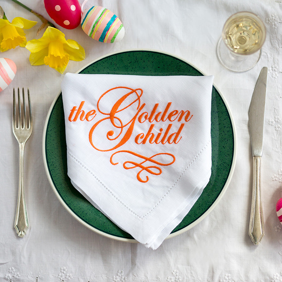 The Golden Child Embroidered French Linen Napkin