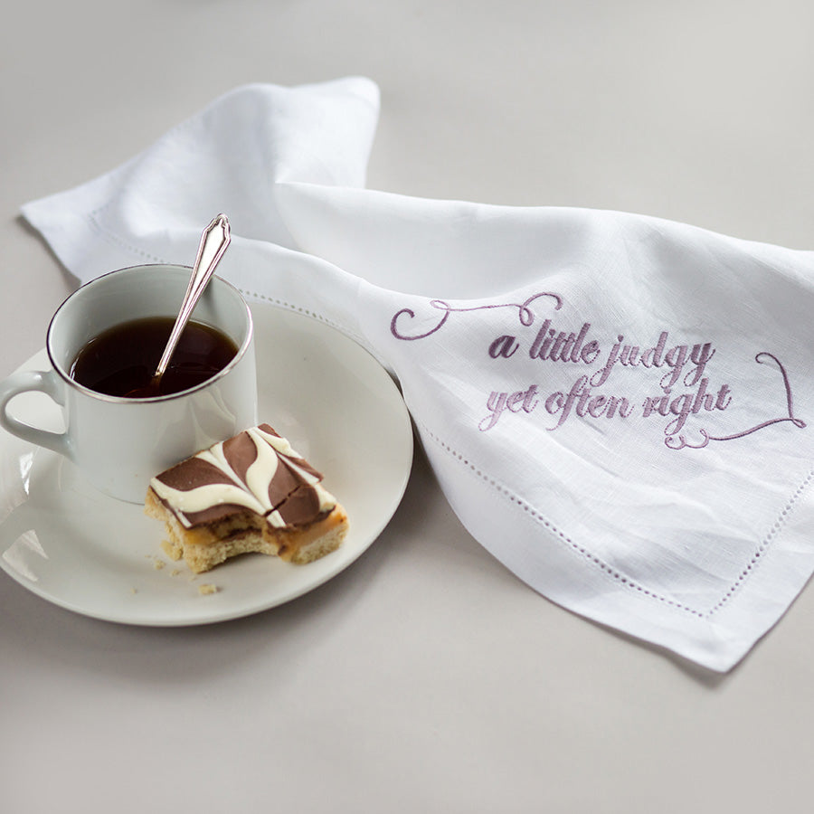 Set of Six French Linen Embroidered Slogan Napkins