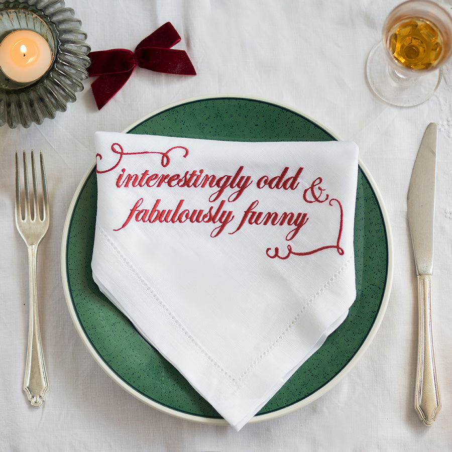 Set of Six French Linen Embroidered Slogan Napkins