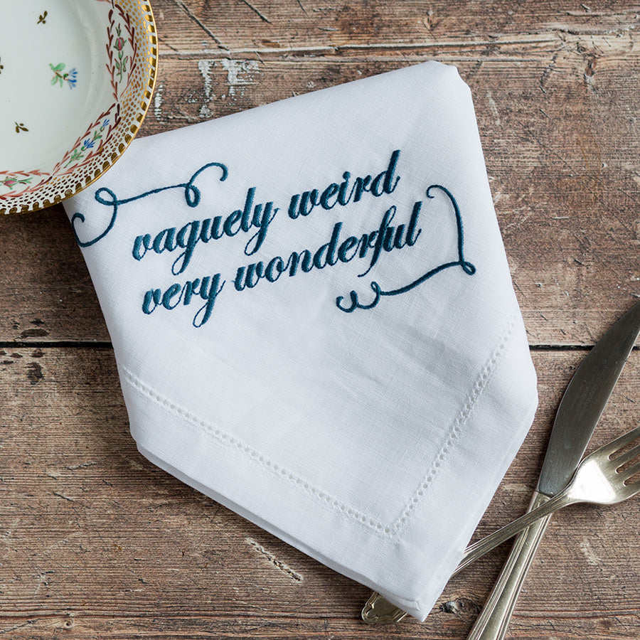 Vaguely Weird Very Wonderful Funny Embroidered French Linen Napkin