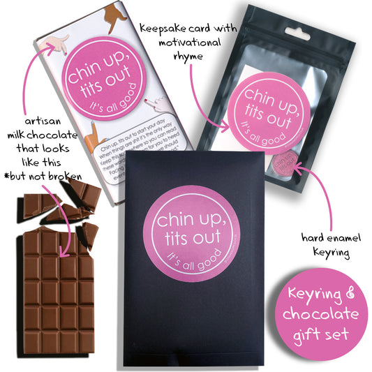 Chin Up Tits Out Keyring & Chocolate Gift Set