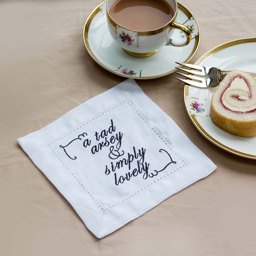 Set of Eight Slogan French Linen Embroidered Cocktail Napkins