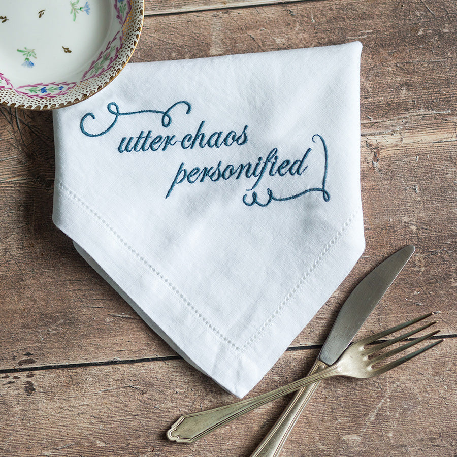 Set of Six French Linen Embroidered Slogan Napkins