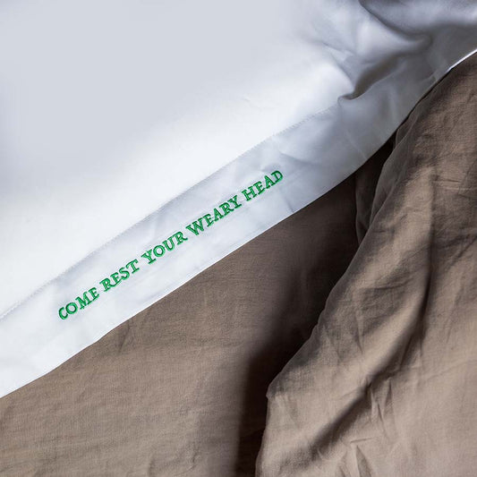 Embroidered Cotton Pillowcase - Come Rest Your Weary Head