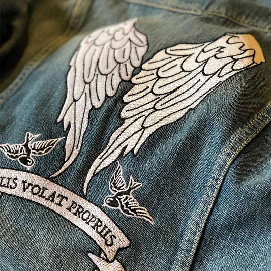 She Flies With Her Own Wings - Fully Embroidered Latin Motto - Vintage Levi's Denim Jacket