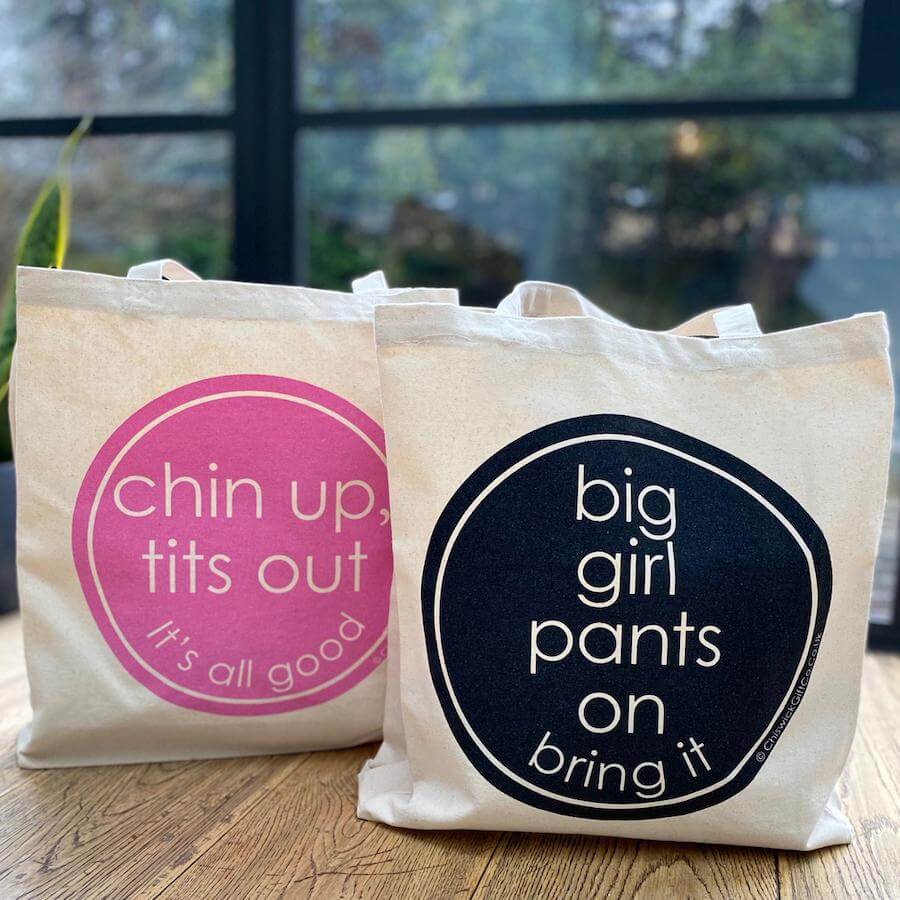 Chin Up Screen Printed Bag & Glitter Pin Set