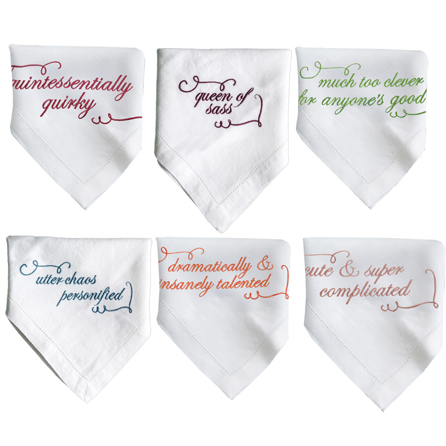 New Set of Six Personality French Linen Embroidered Slogan Napkins