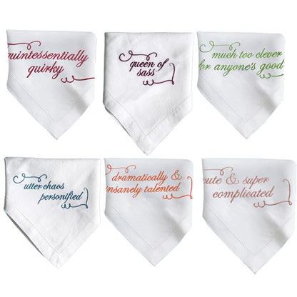 New Set of Six Personality French Linen Embroidered Slogan Napkins