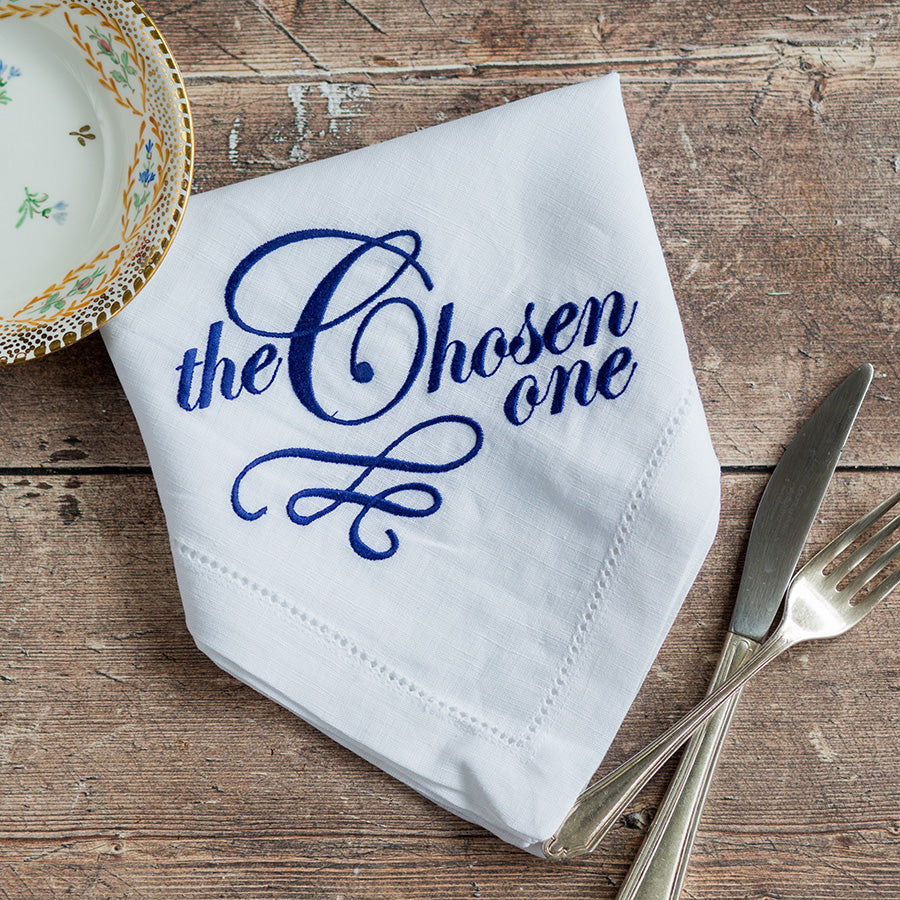 Set of Eight Slogan French Linen Embroidered Napkins