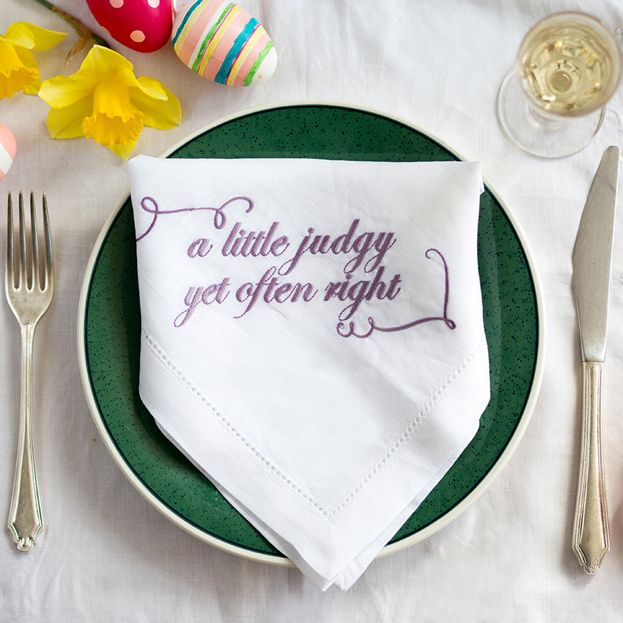 Set of Six French Linen Embroidered Slogan Napkins