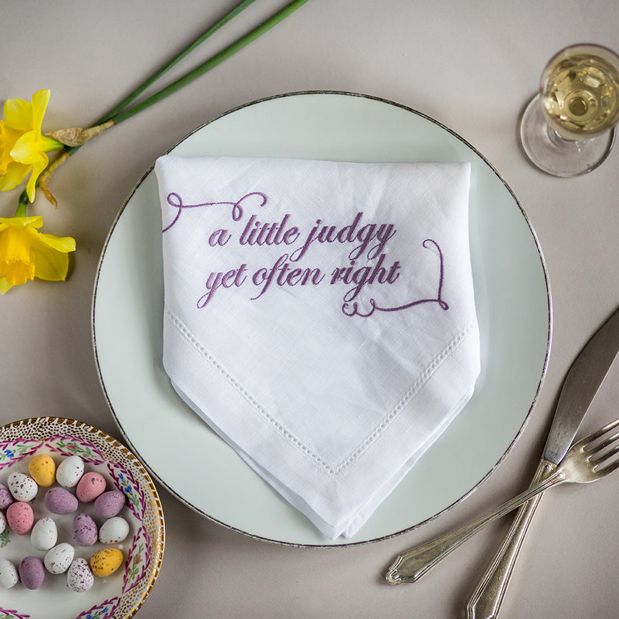 Set of Six French Linen Embroidered Slogan Napkins