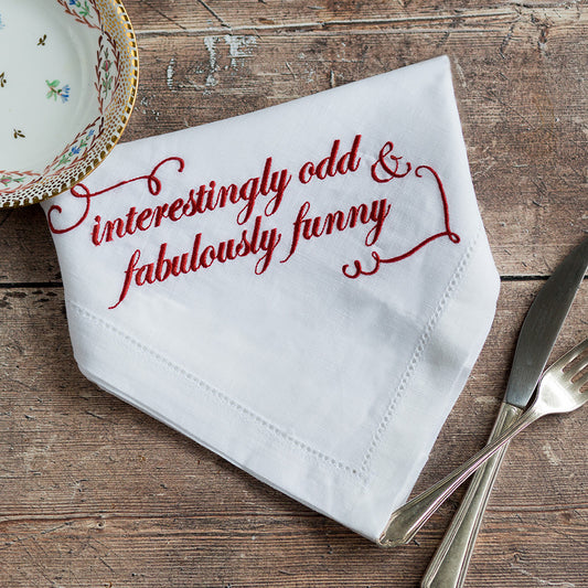 Interestingly Odd & Fabulously Funny Embroidered French Linen Napkin