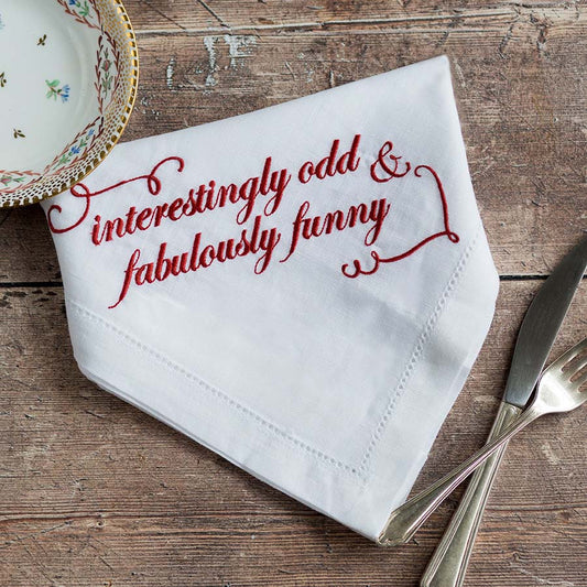 Interestingly Odd & Fabulously Funny Embroidered French Linen Napkin