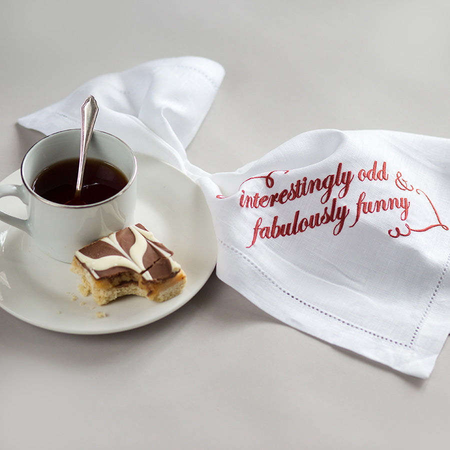 Set of Six French Linen Embroidered Slogan Napkins