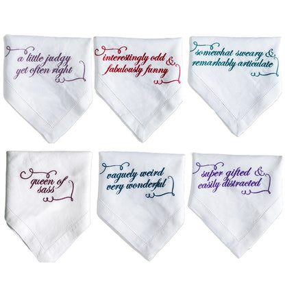 Set of Six French Linen Embroidered Slogan Napkins