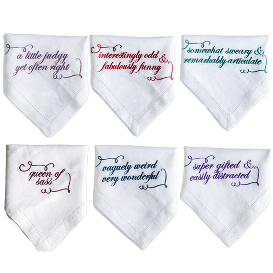 Set of Six French Linen Embroidered Slogan Napkins