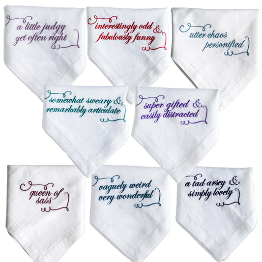 Set of Eight French Linen Embroidered Slogan Napkins
