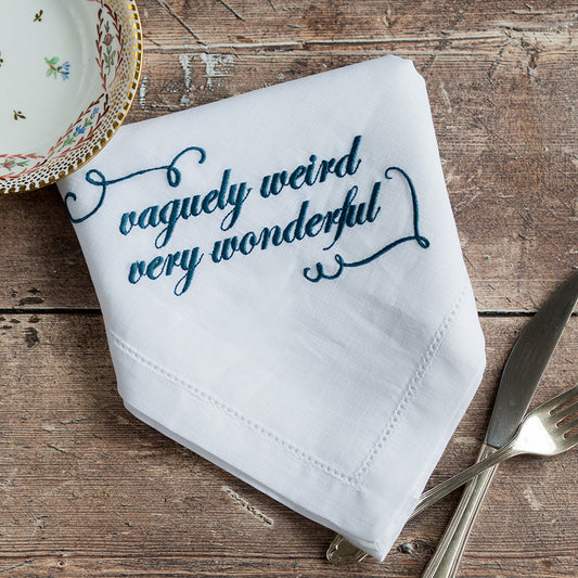 Vaguely Weird Very Wonderful Funny Embroidered French Linen Napkin
