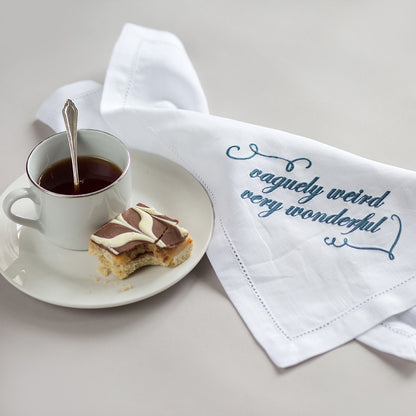 Set of Six French Linen Embroidered Slogan Napkins