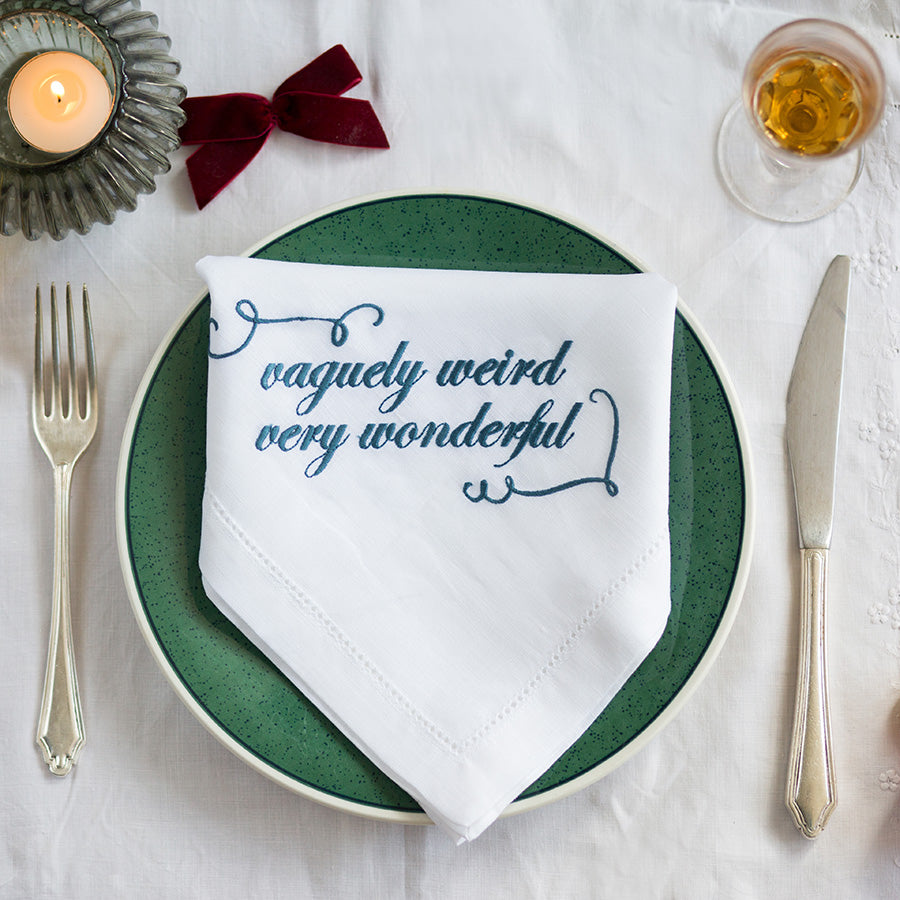 Set of Six French Linen Embroidered Slogan Napkins