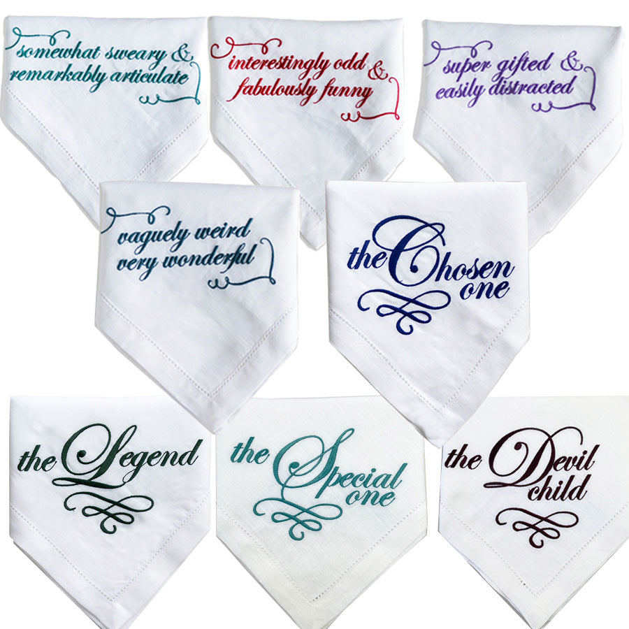 Set of Eight Slogan French Linen Embroidered Napkins