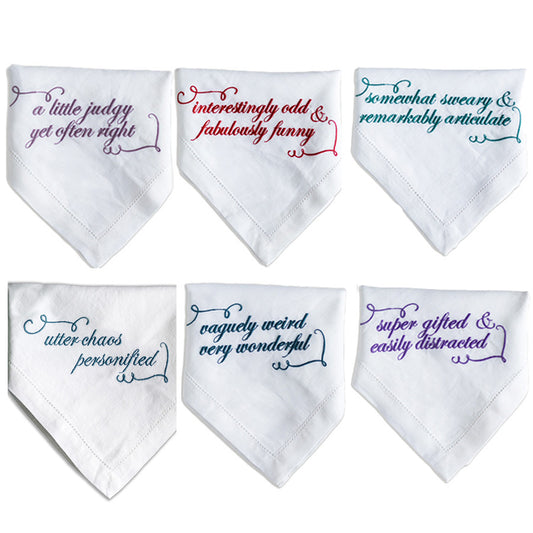 Set of Six French Linen Embroidered Slogan Napkins