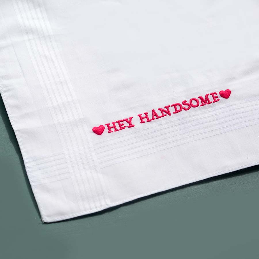 Hey Handsome - Funny Large Embroidered Cotton Handkerchief