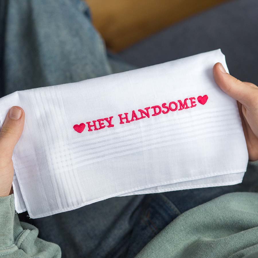 Hey Handsome - Funny Large Embroidered Cotton Handkerchief