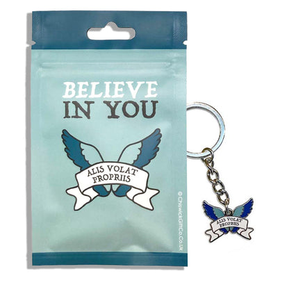 Keychain with 'Believe in You' and motivational quote packaging on a white background