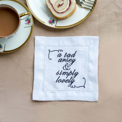 Set of Eight Slogan French Linen Embroidered Cocktail Napkins
