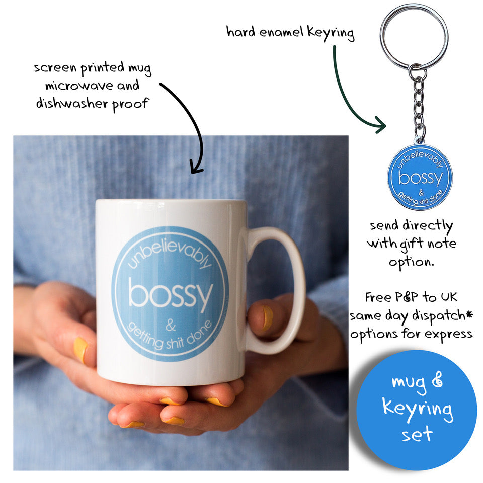 Unbelievably Bossy - Mug with Keyring Gift Set