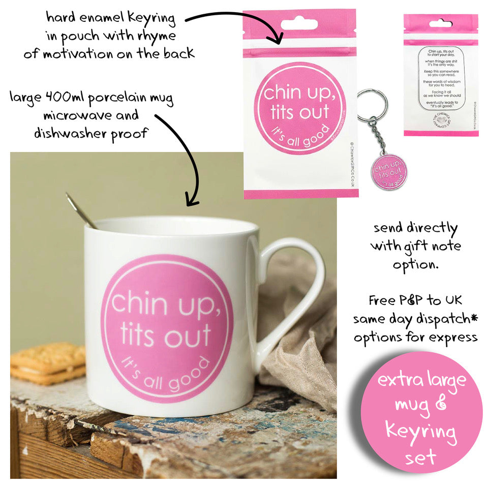 Chin Up, Tits Out - Porcelain Mug with Keyring Gift Set
