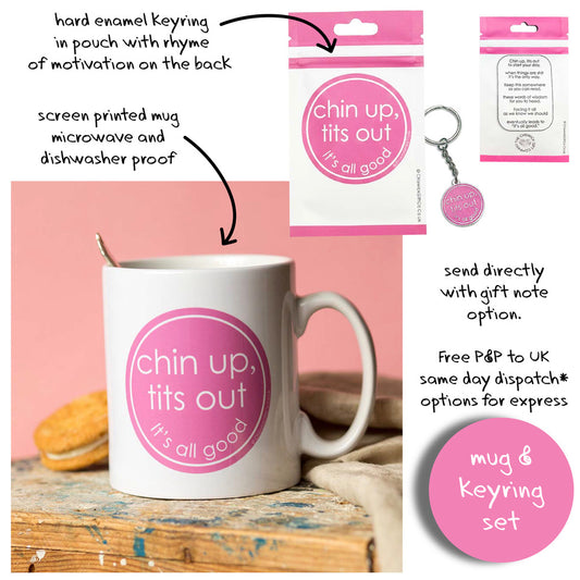 Chin Up, Tits Out - Mug with Keyring Gift Set