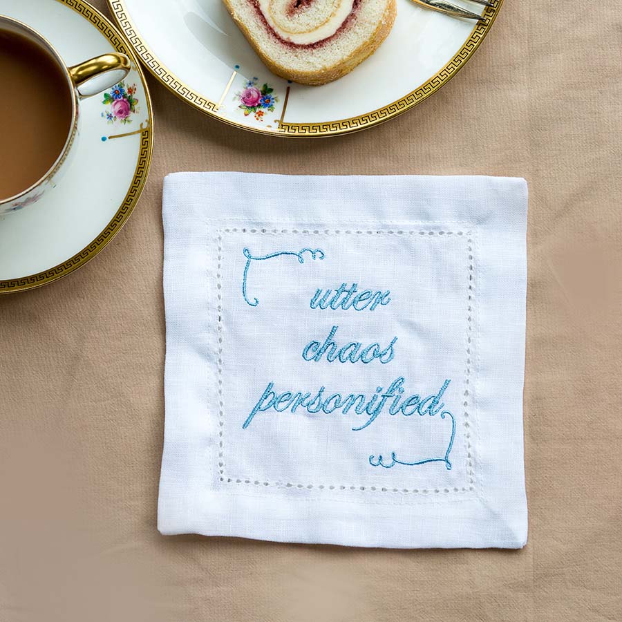 Set of Eight Slogan French Linen Embroidered Cocktail Napkins