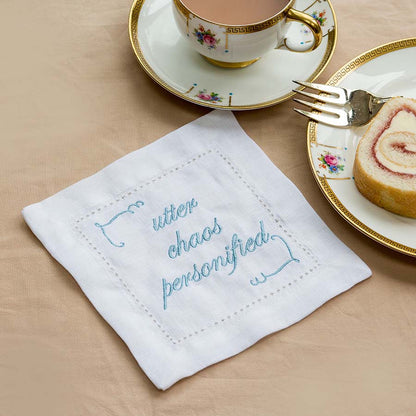 Set of Eight Slogan French Linen Embroidered Cocktail Napkins