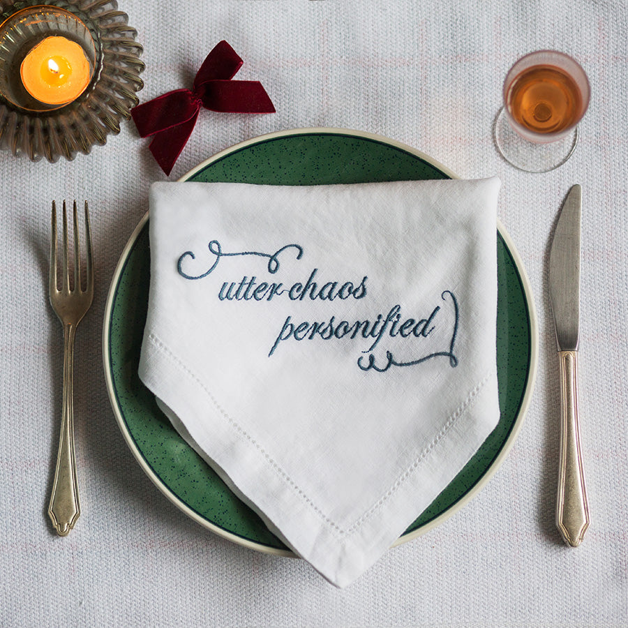 Set of Eight French Linen Embroidered Slogan Napkins