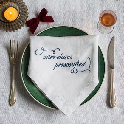 Set of Eight French Linen Embroidered Slogan Napkins