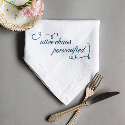 Set of Eight French Linen Embroidered Slogan Napkins