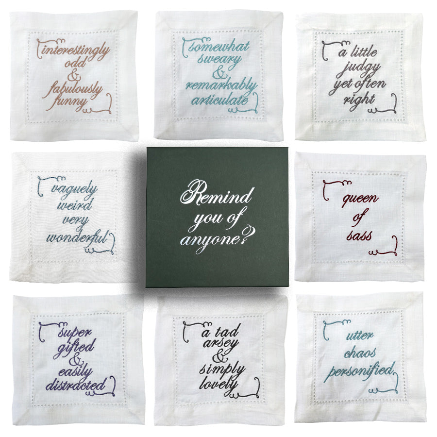 Set of Eight Slogan French Linen Embroidered Cocktail Napkins