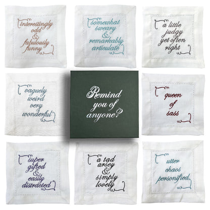 Set of Eight Slogan French Linen Embroidered Cocktail Napkins