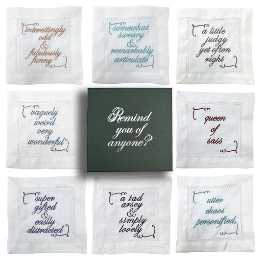 Set of Eight Slogan French Linen Embroidered Cocktail Napkins
