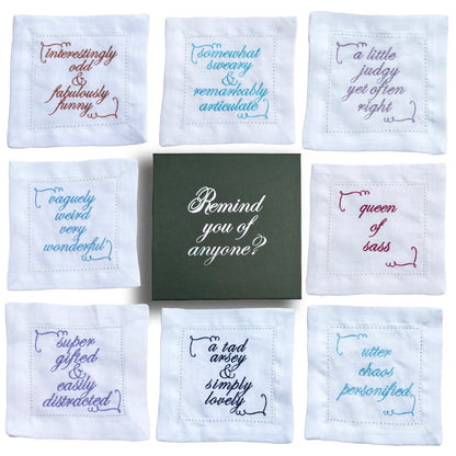 Set of Eight Slogan French Linen Embroidered Cocktail Napkins