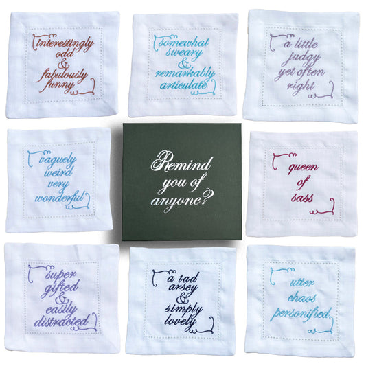 Set of Eight Slogan French Linen Embroidered Cocktail Napkins