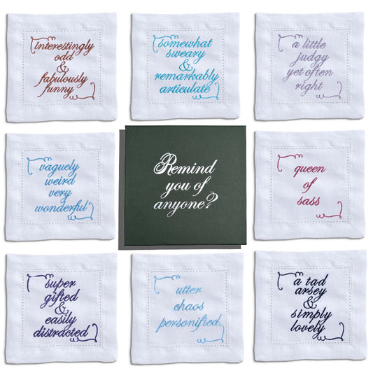 Set of Eight Slogan French Linen Embroidered Cocktail Napkins