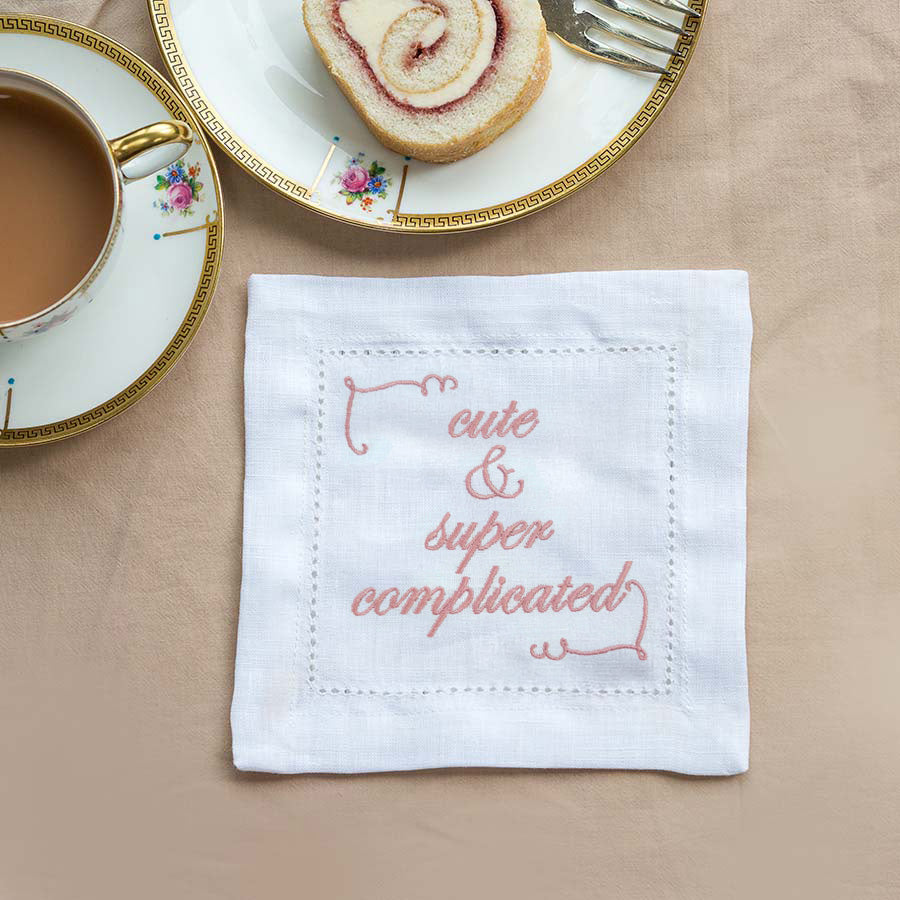 Supplementary Four Slogan French Linen Embroidered Cocktail Napkins