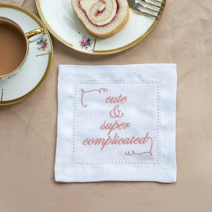 Supplementary Four Slogan French Linen Embroidered Cocktail Napkins