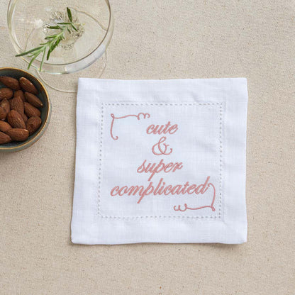 Supplementary Four Slogan French Linen Embroidered Cocktail Napkins