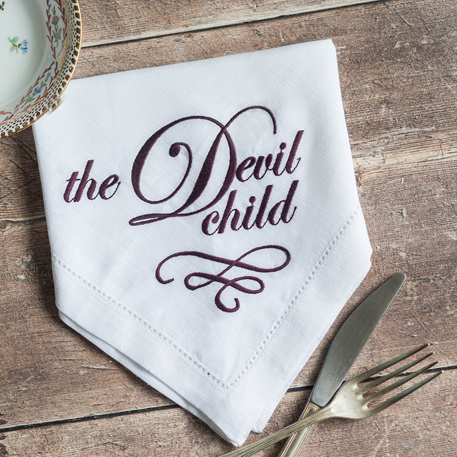 Set of Eight Slogan French Linen Embroidered Napkins